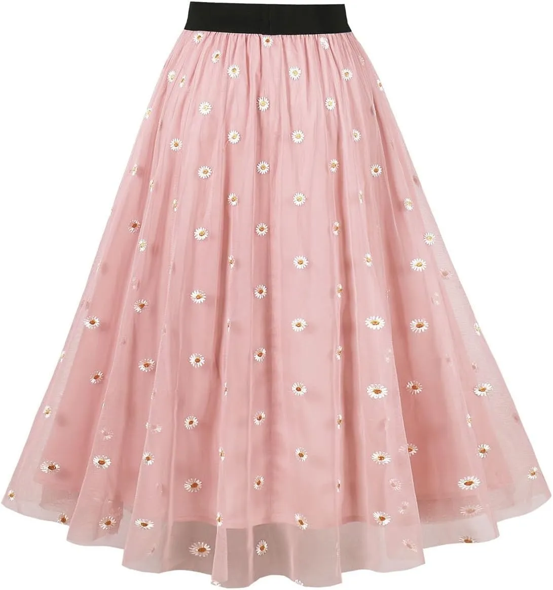 Adult A-line Tulle Skirt Bridesmaid Pleated Skirt for Women High Waist Layered Skirt Floral Print Mesh Midi Skirts