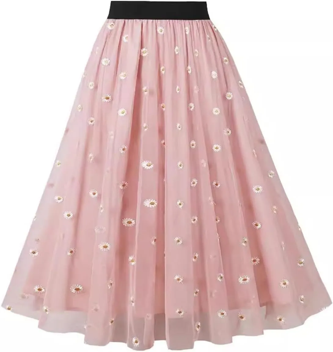 Adult A-line Tulle Skirt Bridesmaid Pleated Skirt for Women High Waist Layered Skirt Floral Print Mesh Midi Skirts