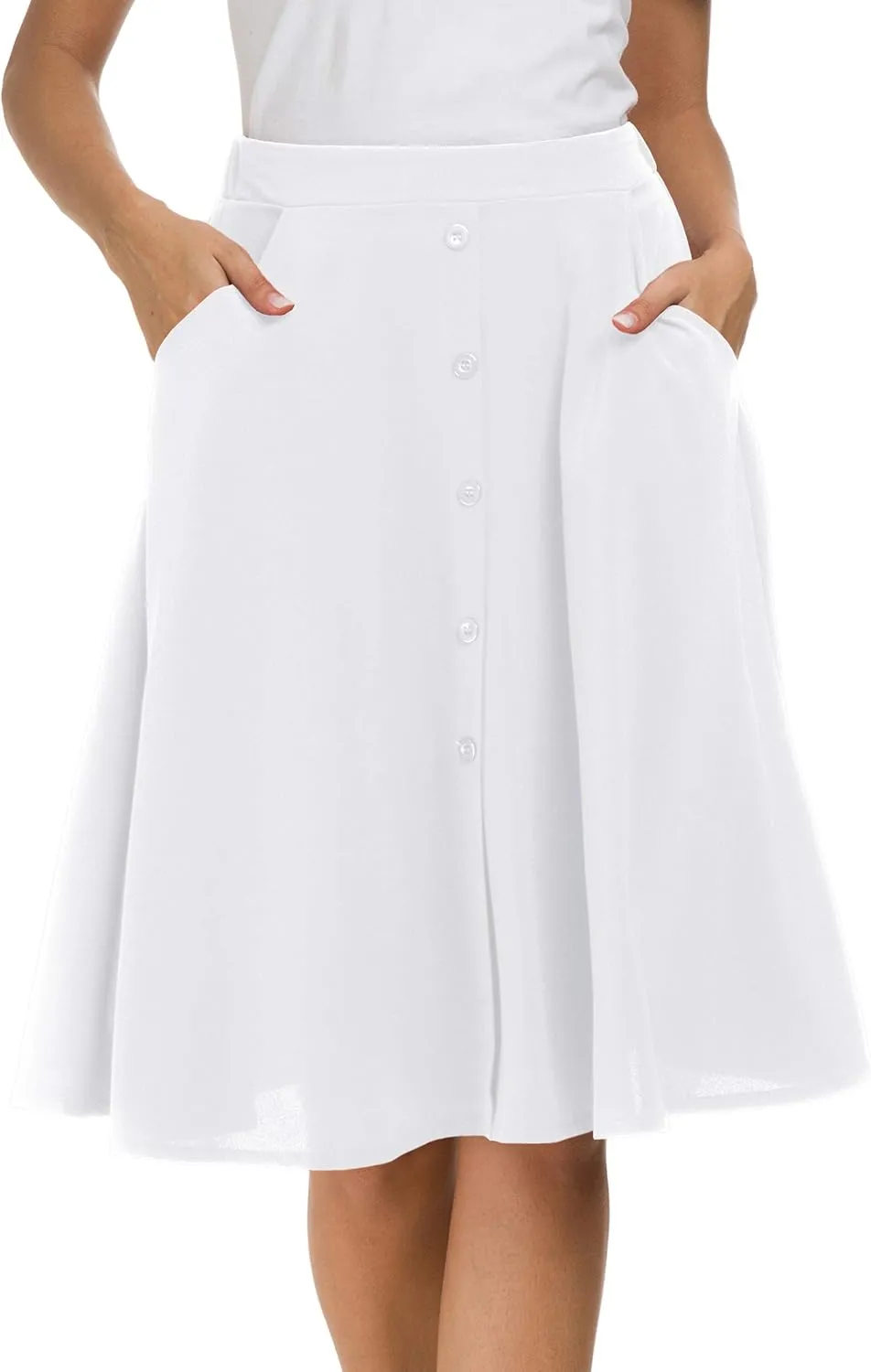 Afibi Womens High Waisted A Line Pleated Midi Skirt Button Front Skirts with Pocket