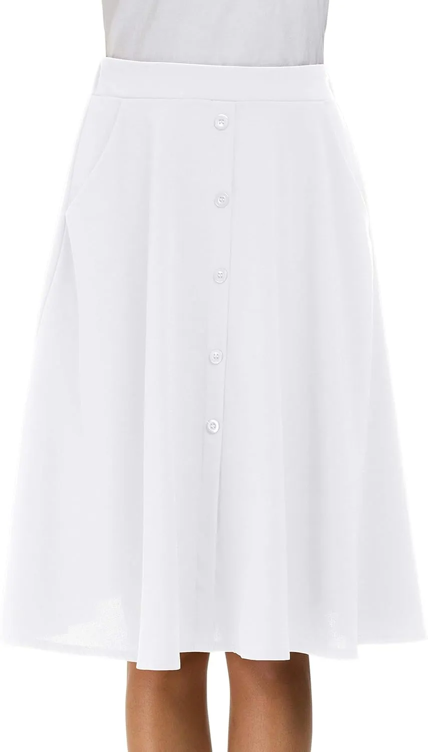 Afibi Womens High Waisted A Line Pleated Midi Skirt Button Front Skirts with Pocket