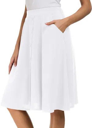 Afibi Womens High Waisted A Line Pleated Midi Skirt Button Front Skirts with Pocket