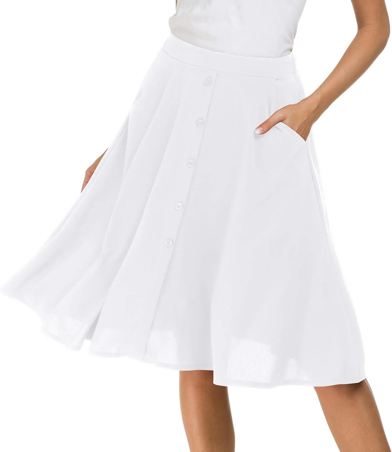 Afibi Womens High Waisted A Line Pleated Midi Skirt Button Front Skirts with Pocket