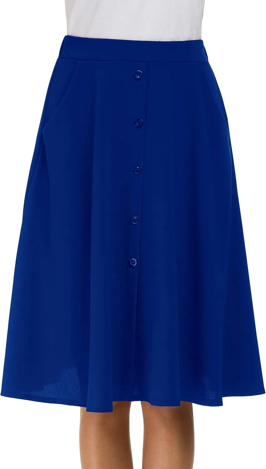 Afibi Womens High Waisted A Line Pleated Midi Skirt Button Front Skirts with Pocket