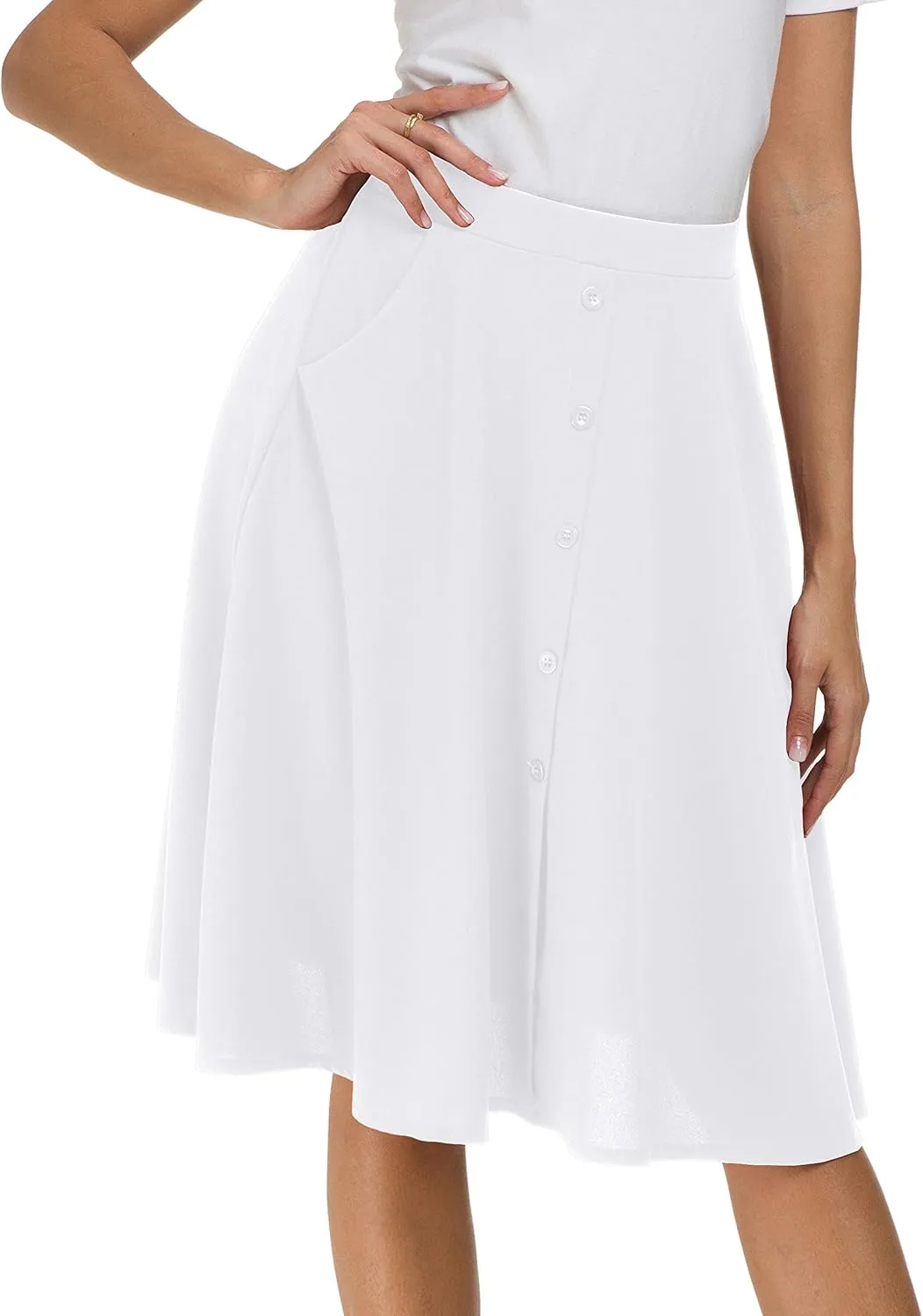 Afibi Womens High Waisted A Line Pleated Midi Skirt Button Front Skirts with Pocket