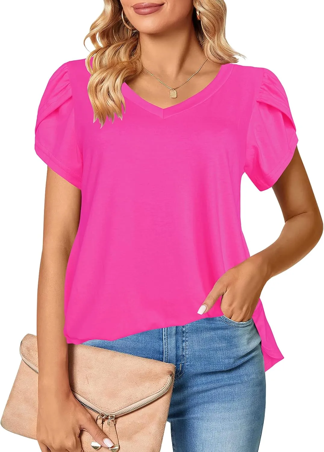 Afibi Womens Summer V Neck Loose Dressy Shirts Petal Short Sleeve Tunic Tops