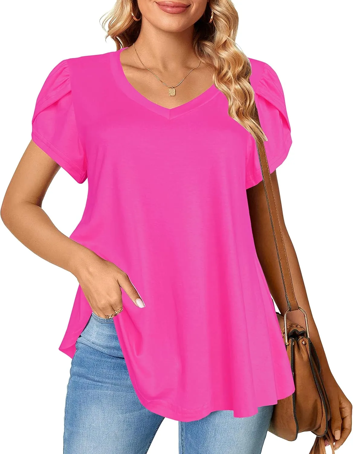 Afibi Womens Summer V Neck Loose Dressy Shirts Petal Short Sleeve Tunic Tops