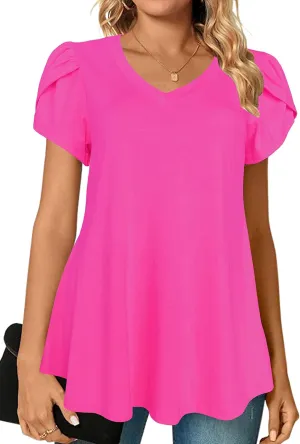 Afibi Womens Summer V Neck Loose Dressy Shirts Petal Short Sleeve Tunic Tops
