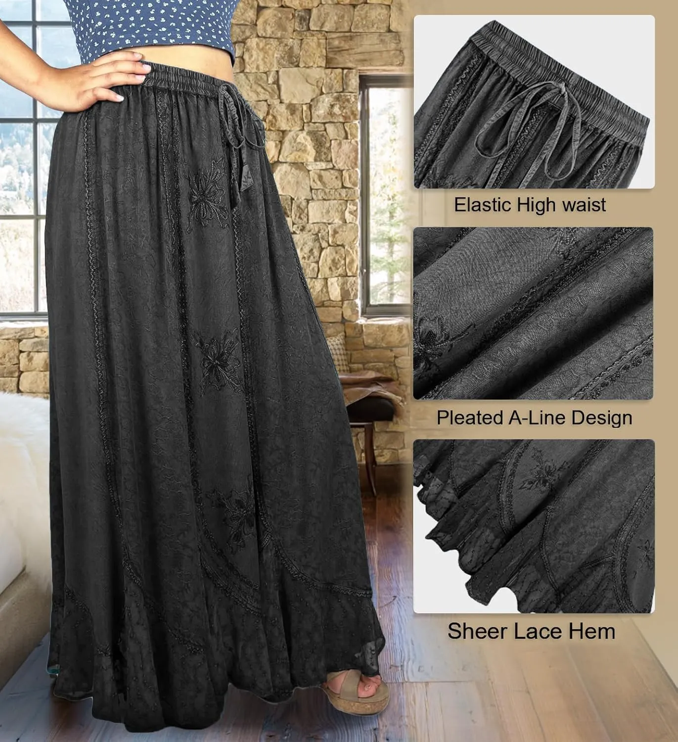 Agan Traders Women's 2025 Summer Medieval High Waisted Maxi Skirts for Women - A Line Drawstring Embroidered Long Maxi Skirt