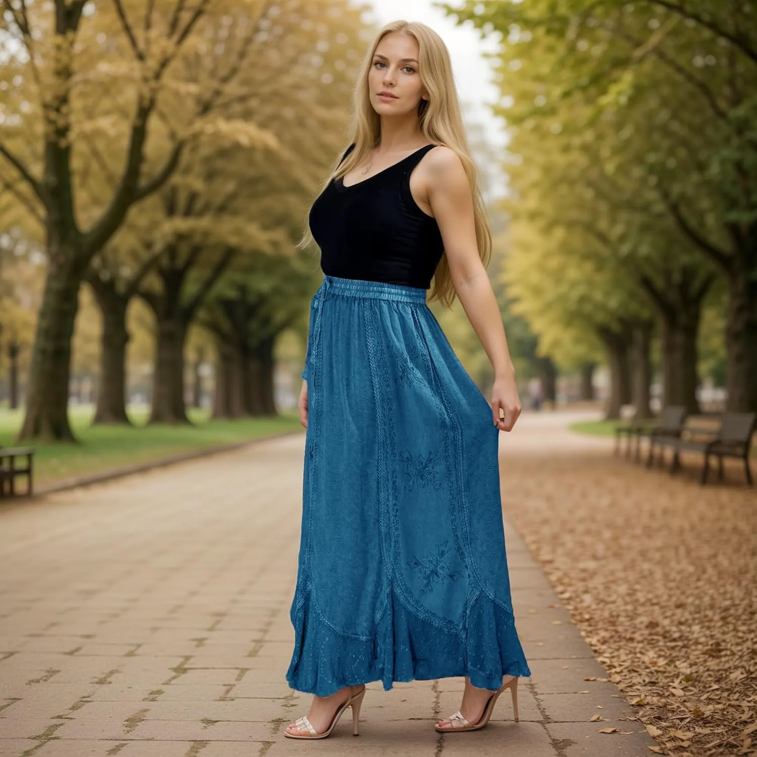 Agan Traders Women's 2025 Summer Medieval High Waisted Maxi Skirts for Women - A Line Drawstring Embroidered Long Maxi Skirt