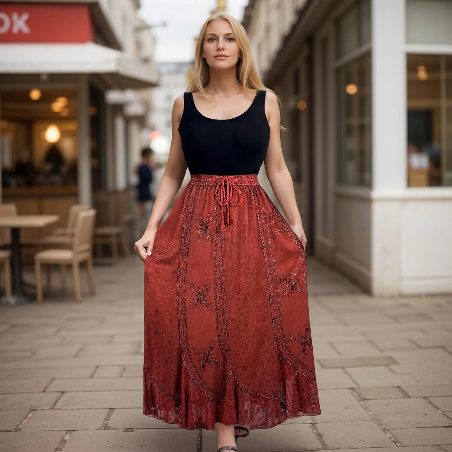 Agan Traders Women's 2025 Summer Medieval High Waisted Maxi Skirts for Women - A Line Drawstring Embroidered Long Maxi Skirt