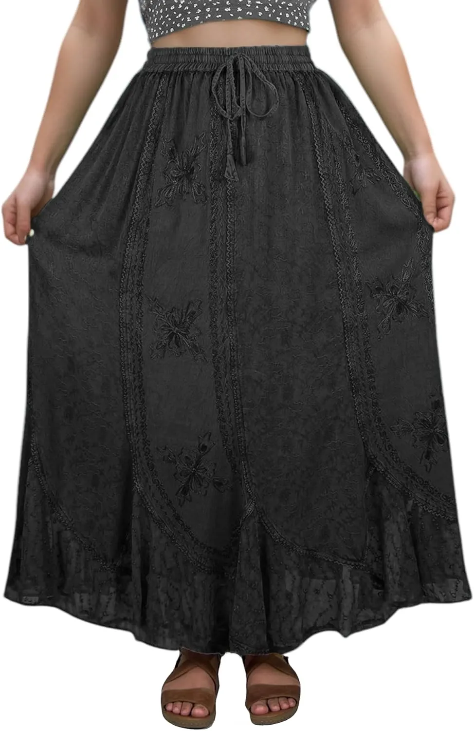 Agan Traders Women's 2025 Summer Medieval High Waisted Maxi Skirts for Women - A Line Drawstring Embroidered Long Maxi Skirt