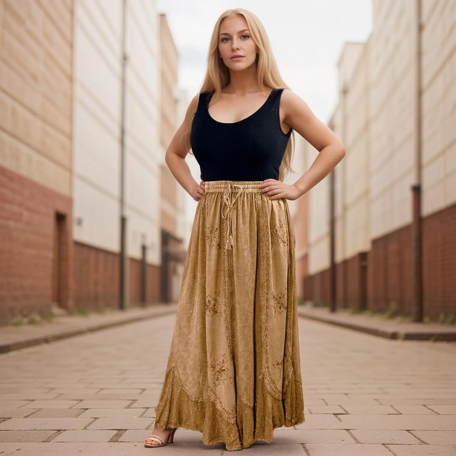Agan Traders Women's 2025 Summer Medieval High Waisted Maxi Skirts for Women - A Line Drawstring Embroidered Long Maxi Skirt