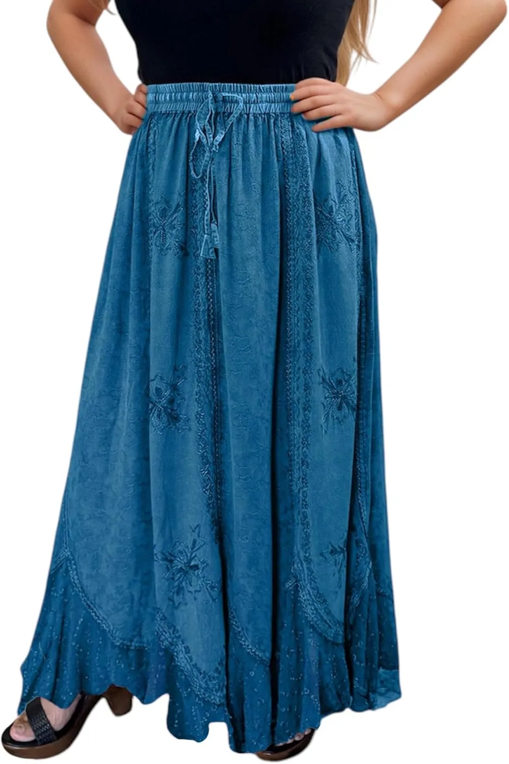 Agan Traders Women's 2025 Summer Medieval High Waisted Maxi Skirts for Women - A Line Drawstring Embroidered Long Maxi Skirt