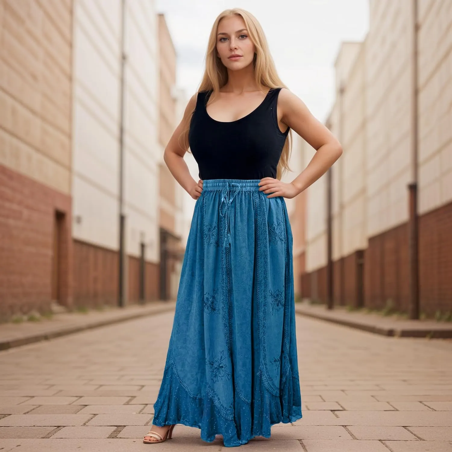 Agan Traders Women's 2025 Summer Medieval High Waisted Maxi Skirts for Women - A Line Drawstring Embroidered Long Maxi Skirt