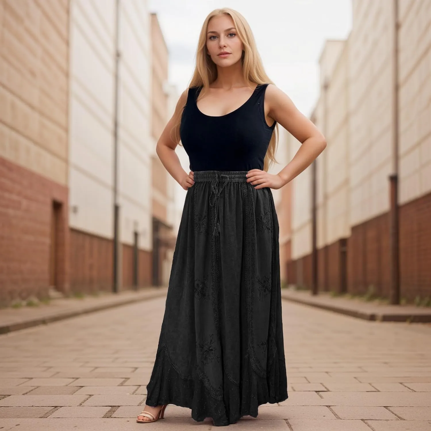 Agan Traders Women's 2025 Summer Medieval High Waisted Maxi Skirts for Women - A Line Drawstring Embroidered Long Maxi Skirt