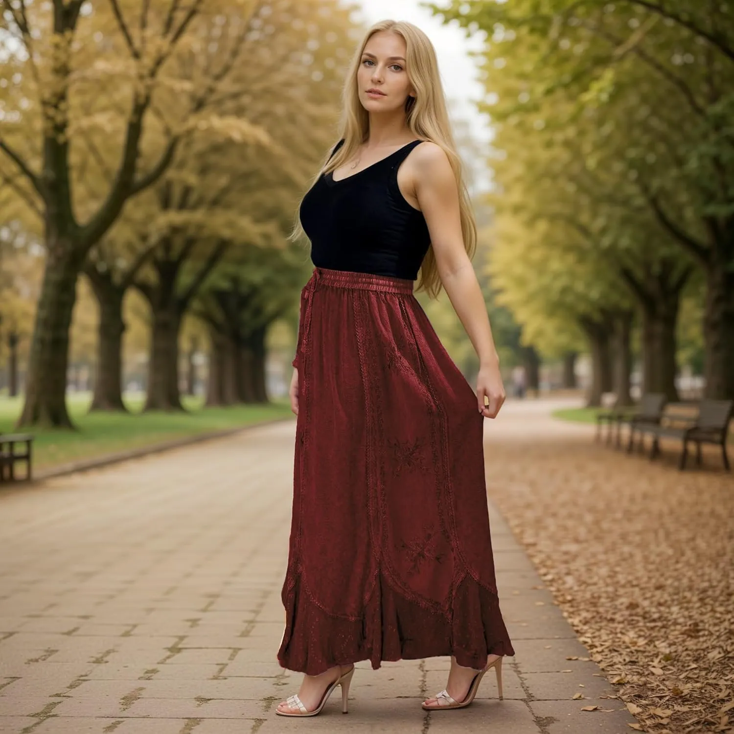 Agan Traders Women's 2025 Summer Medieval High Waisted Maxi Skirts for Women - A Line Drawstring Embroidered Long Maxi Skirt