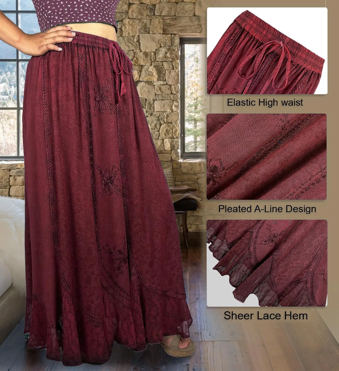 Agan Traders Women's 2025 Summer Medieval High Waisted Maxi Skirts for Women - A Line Drawstring Embroidered Long Maxi Skirt