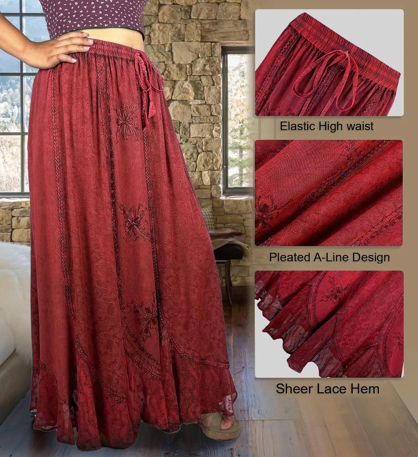 Agan Traders Women's 2025 Summer Medieval High Waisted Maxi Skirts for Women - A Line Drawstring Embroidered Long Maxi Skirt