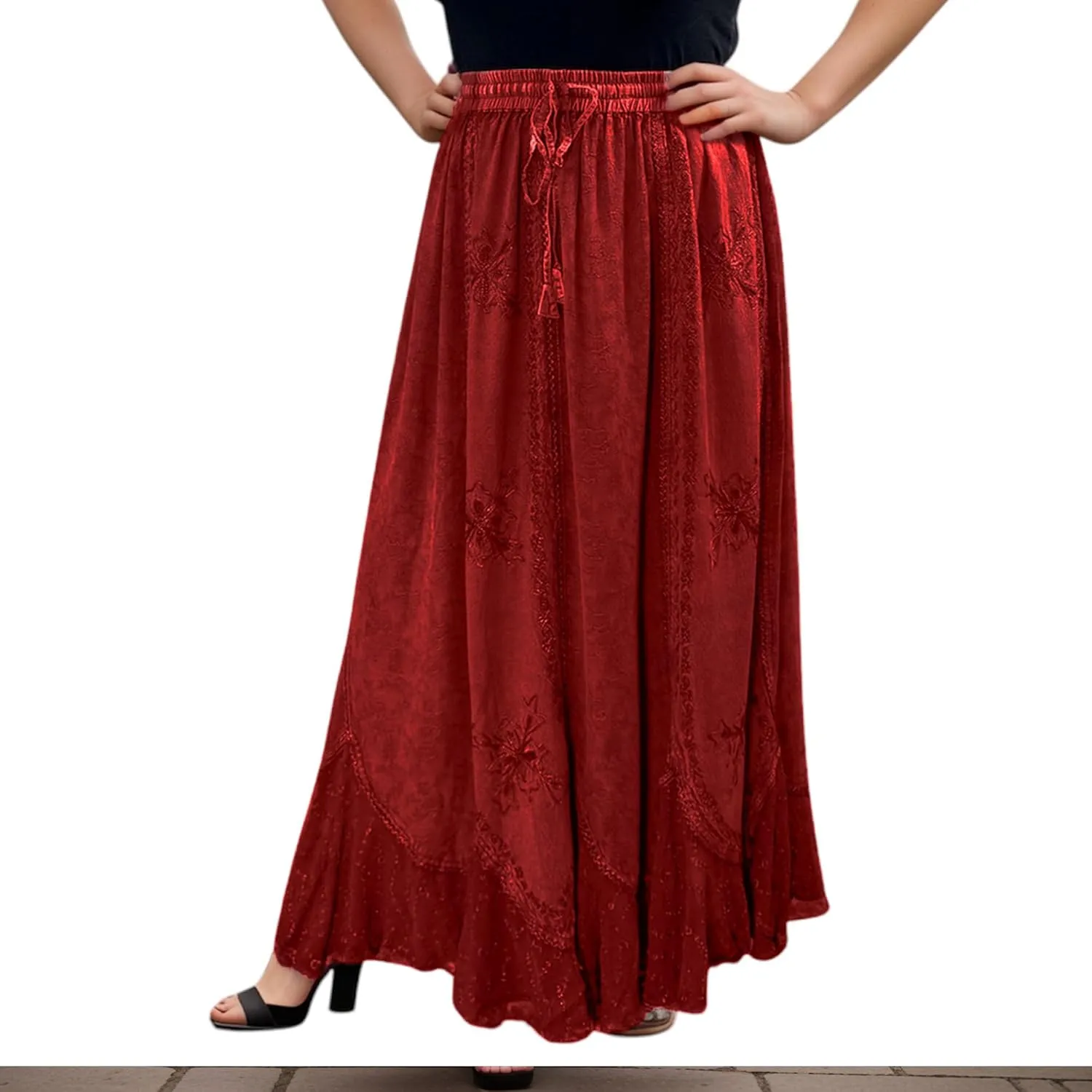 Agan Traders Women's 2025 Summer Medieval High Waisted Maxi Skirts for Women - A Line Drawstring Embroidered Long Maxi Skirt