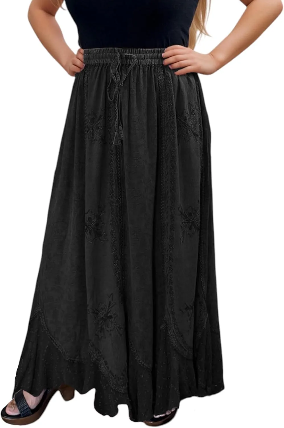 Agan Traders Women's 2025 Summer Medieval High Waisted Maxi Skirts for Women - A Line Drawstring Embroidered Long Maxi Skirt
