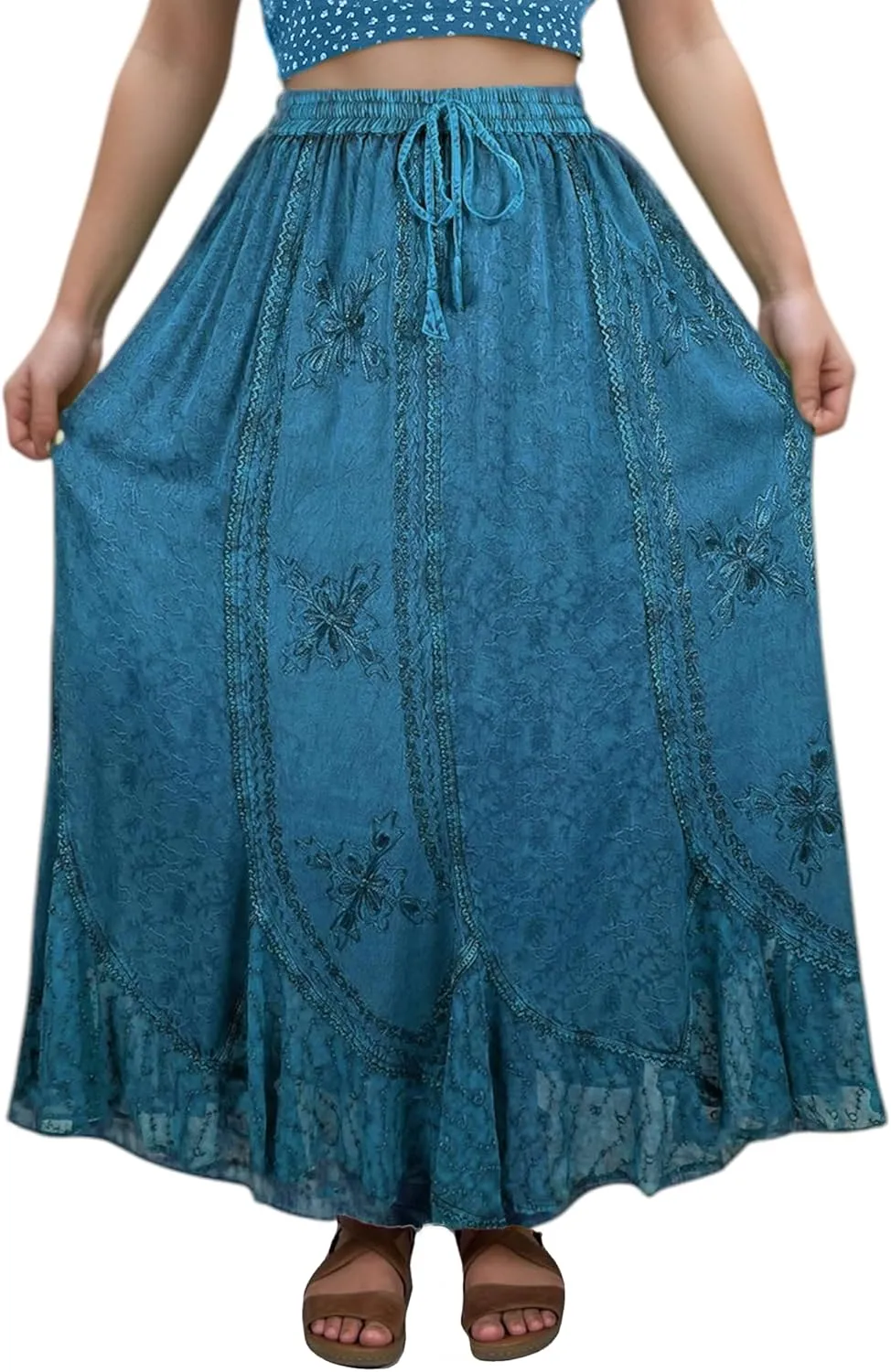 Agan Traders Women's 2025 Summer Medieval High Waisted Maxi Skirts for Women - A Line Drawstring Embroidered Long Maxi Skirt