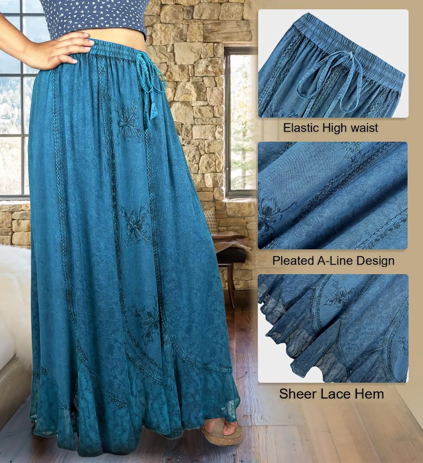 Agan Traders Women's 2025 Summer Medieval High Waisted Maxi Skirts for Women - A Line Drawstring Embroidered Long Maxi Skirt