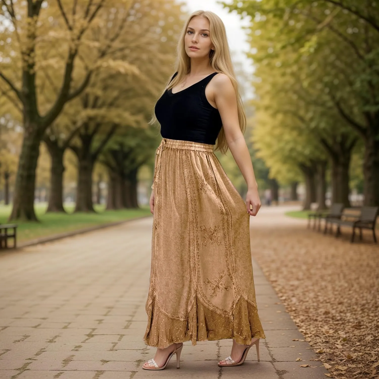 Agan Traders Women's 2025 Summer Medieval High Waisted Maxi Skirts for Women - A Line Drawstring Embroidered Long Maxi Skirt