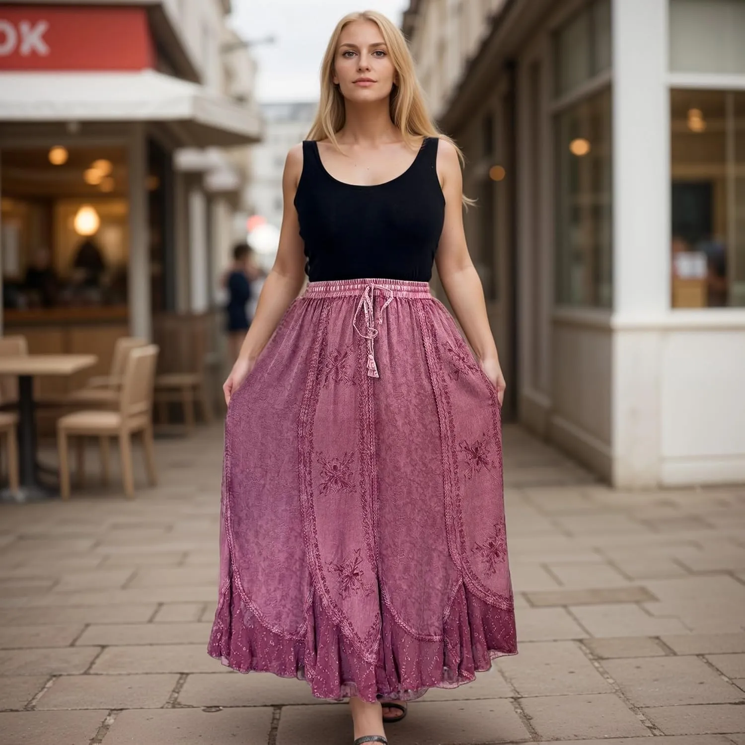 Agan Traders Women's 2025 Summer Medieval High Waisted Maxi Skirts for Women - A Line Drawstring Embroidered Long Maxi Skirt