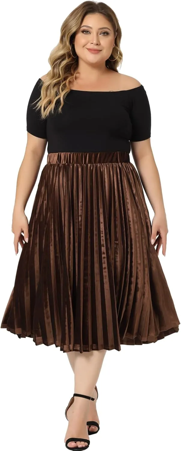 Agnes Orinda Plus Size Velvet Skirt for Women Elastic Waist Metallic Accordion Midi Pleated Skirts Christmas