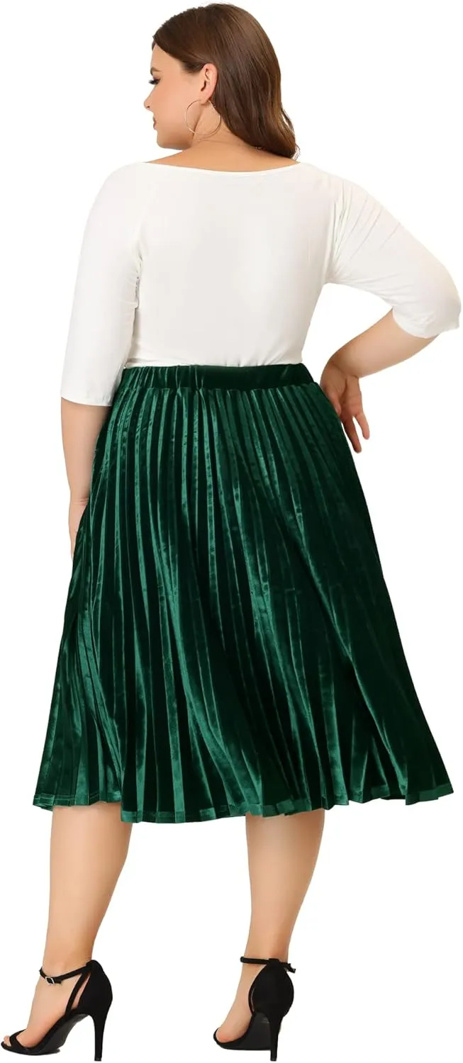 Agnes Orinda Plus Size Velvet Skirt for Women Elastic Waist Metallic Accordion Midi Pleated Skirts Christmas