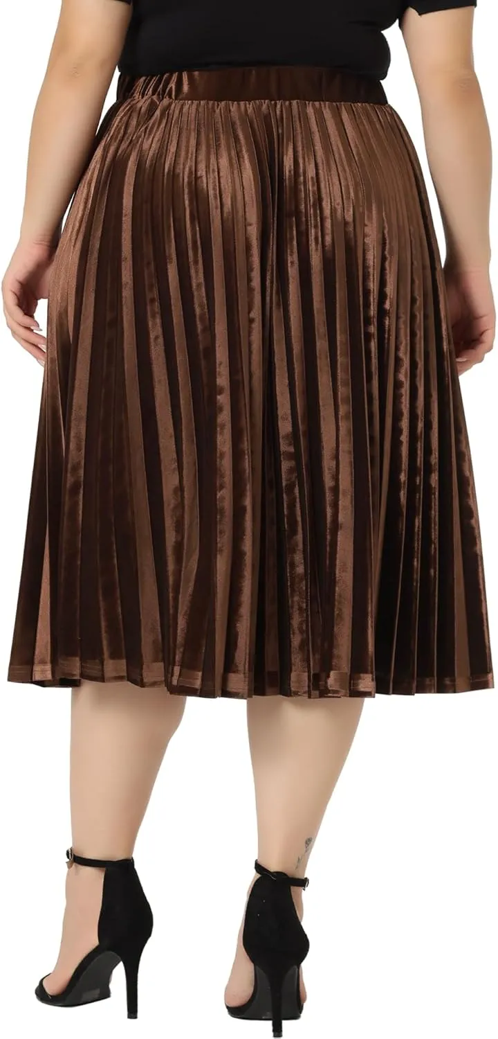 Agnes Orinda Plus Size Velvet Skirt for Women Elastic Waist Metallic Accordion Midi Pleated Skirts Christmas