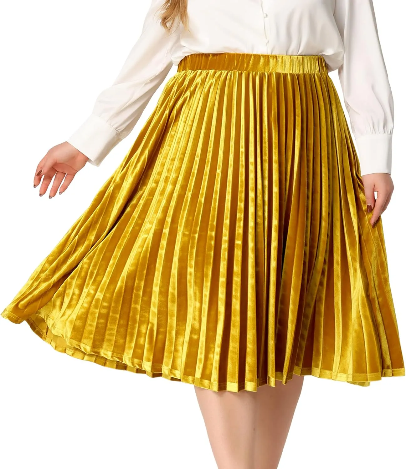 Agnes Orinda Plus Size Velvet Skirt for Women Elastic Waist Metallic Accordion Midi Pleated Skirts Christmas