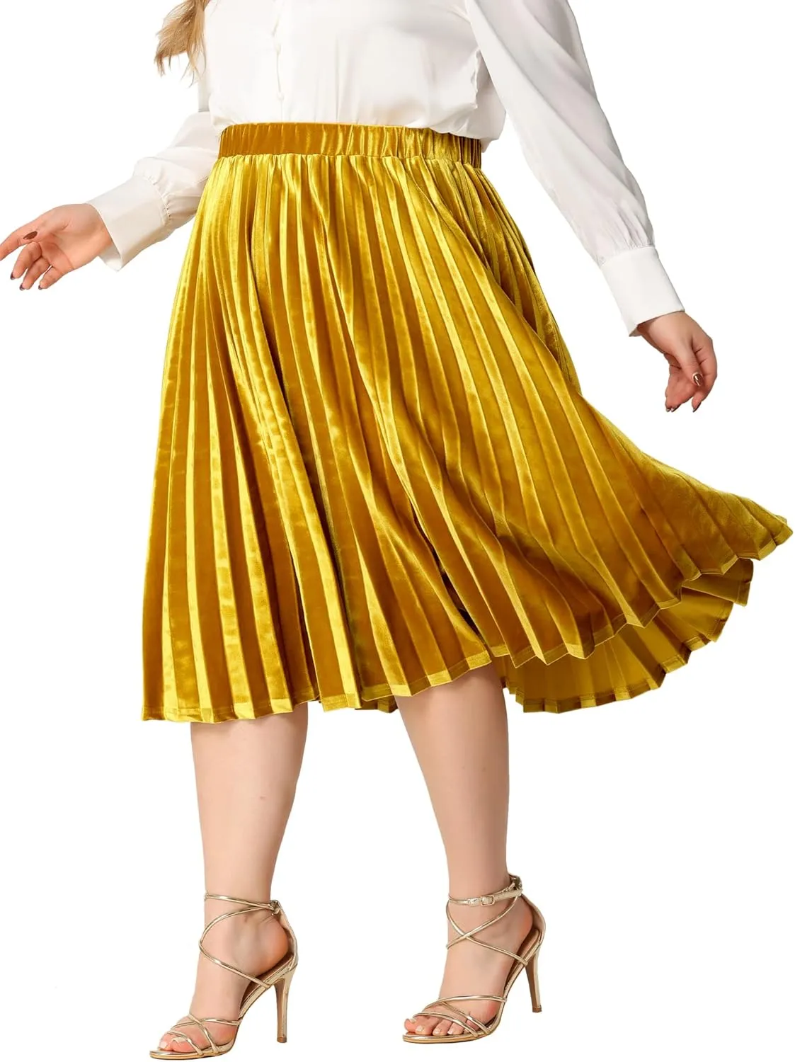 Agnes Orinda Plus Size Velvet Skirt for Women Elastic Waist Metallic Accordion Midi Pleated Skirts Christmas