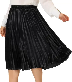 Agnes Orinda Plus Size Velvet Skirt for Women Elastic Waist Metallic Accordion Midi Pleated Skirts Christmas