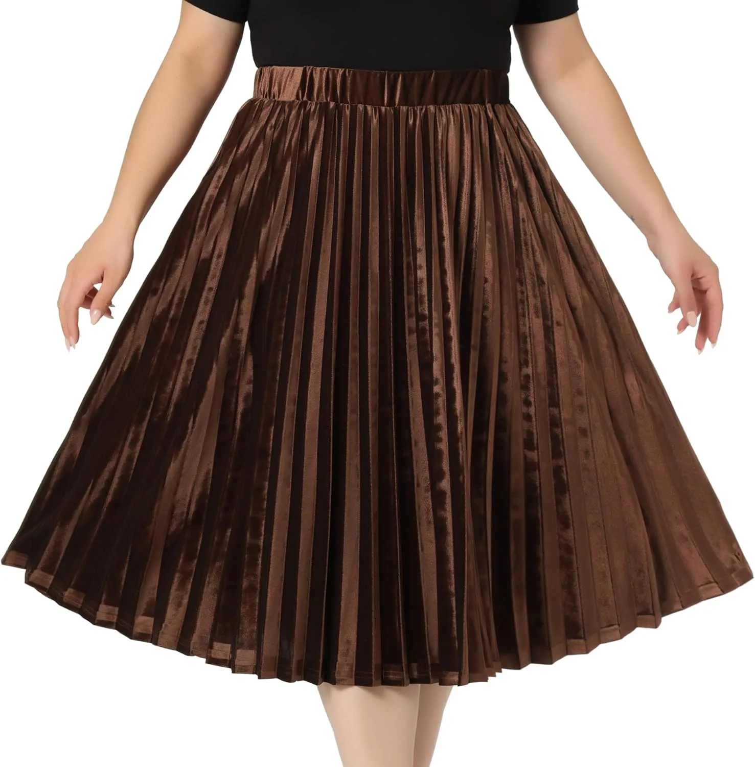 Agnes Orinda Plus Size Velvet Skirt for Women Elastic Waist Metallic Accordion Midi Pleated Skirts Christmas