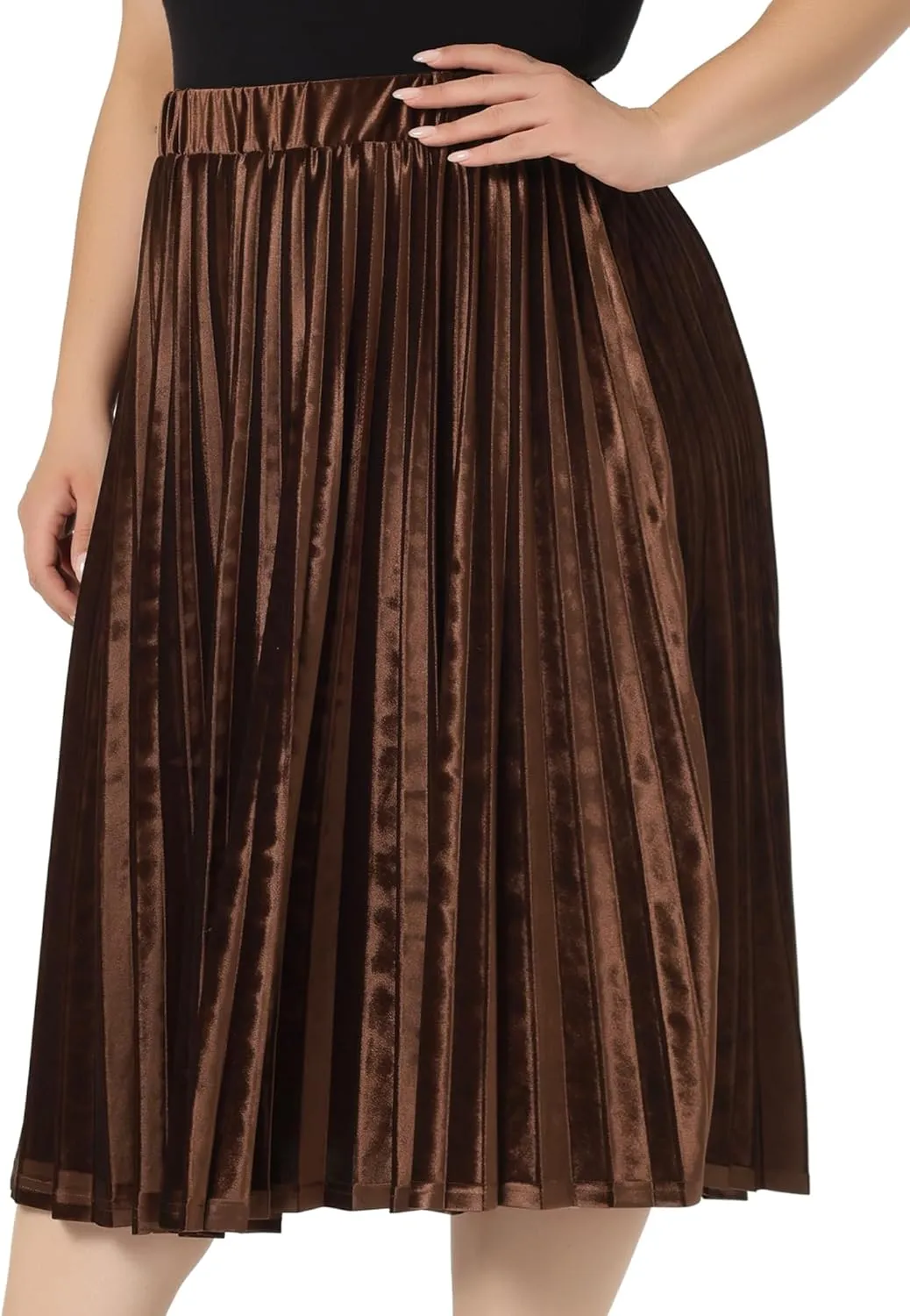 Agnes Orinda Plus Size Velvet Skirt for Women Elastic Waist Metallic Accordion Midi Pleated Skirts Christmas
