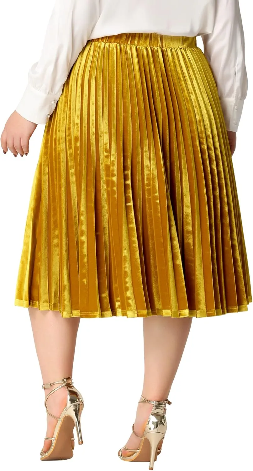 Agnes Orinda Plus Size Velvet Skirt for Women Elastic Waist Metallic Accordion Midi Pleated Skirts Christmas