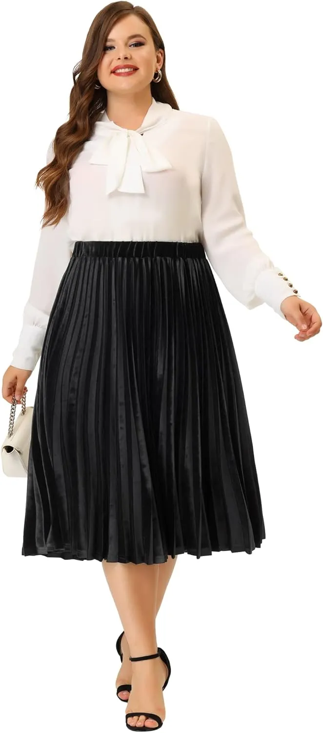Agnes Orinda Plus Size Velvet Skirt for Women Elastic Waist Metallic Accordion Midi Pleated Skirts Christmas
