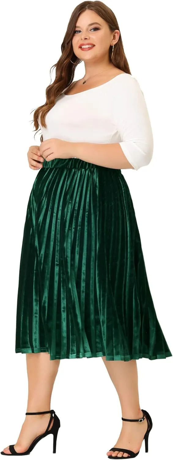 Agnes Orinda Plus Size Velvet Skirt for Women Elastic Waist Metallic Accordion Midi Pleated Skirts Christmas