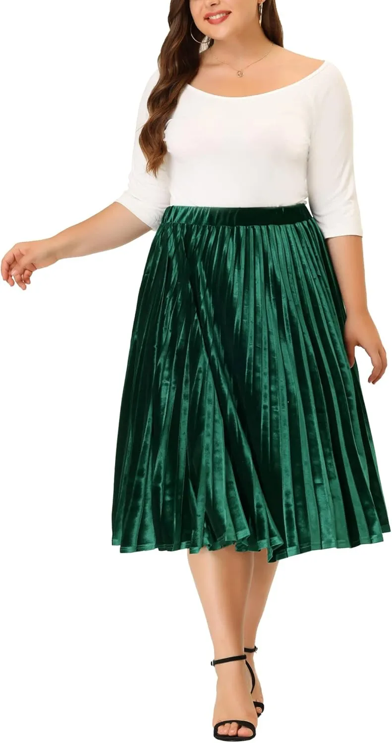 Agnes Orinda Plus Size Velvet Skirt for Women Elastic Waist Metallic Accordion Midi Pleated Skirts Christmas