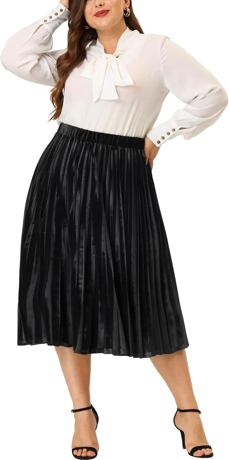 Agnes Orinda Plus Size Velvet Skirt for Women Elastic Waist Metallic Accordion Midi Pleated Skirts Christmas