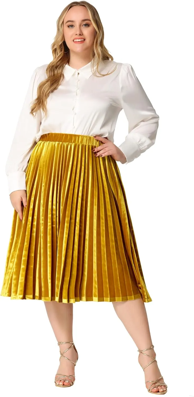 Agnes Orinda Plus Size Velvet Skirt for Women Elastic Waist Metallic Accordion Midi Pleated Skirts Christmas