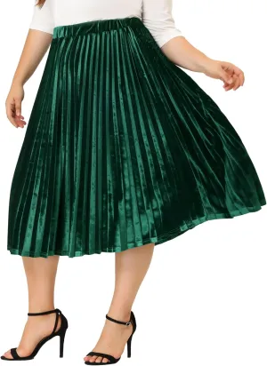 Agnes Orinda Plus Size Velvet Skirt for Women Elastic Waist Metallic Accordion Midi Pleated Skirts Christmas
