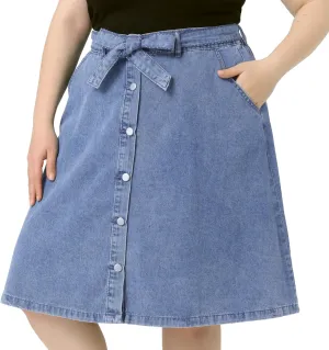Agnes Orinda Plus Size Women's Denim Skirts Tie Waist A-Line with Pockets Midi Summer Jeans Skirts