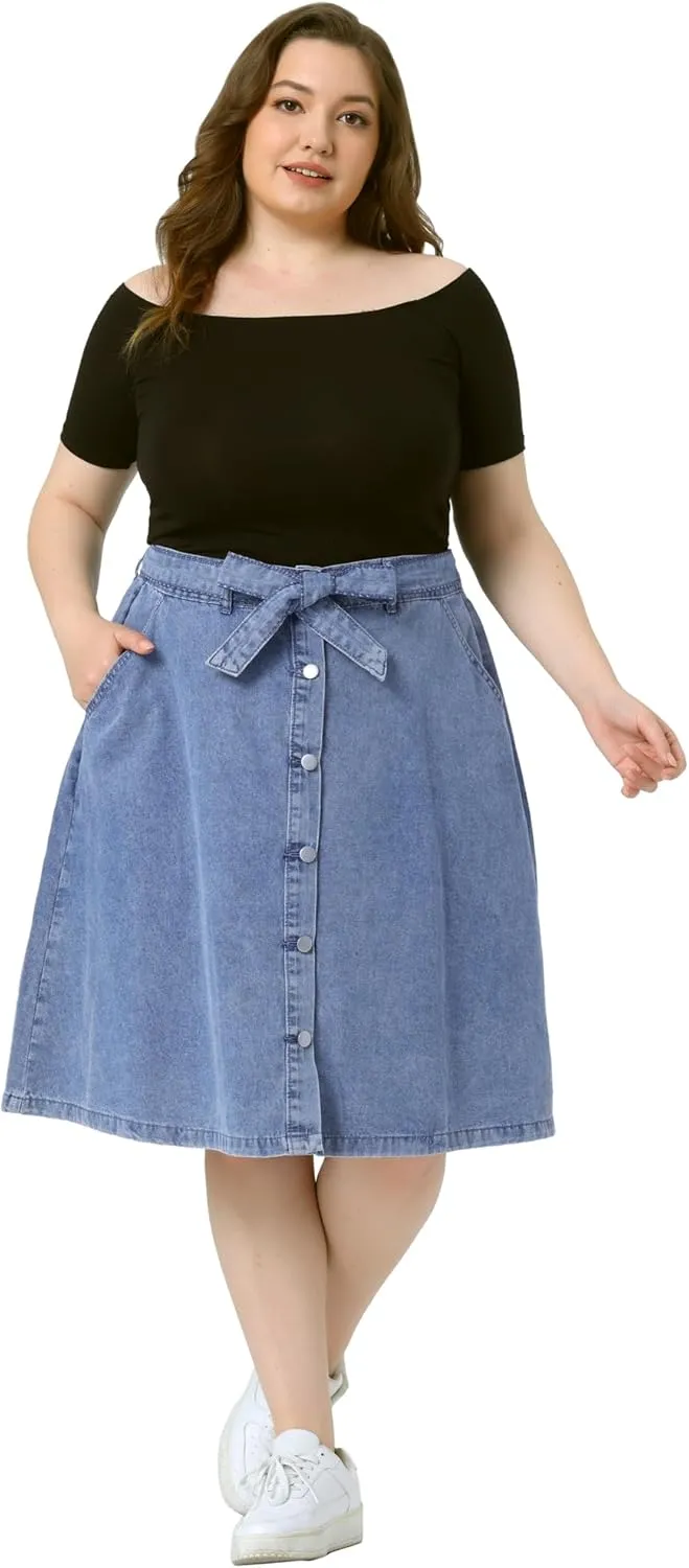 Agnes Orinda Plus Size Women's Denim Skirts Tie Waist A-Line with Pockets Midi Summer Jeans Skirts