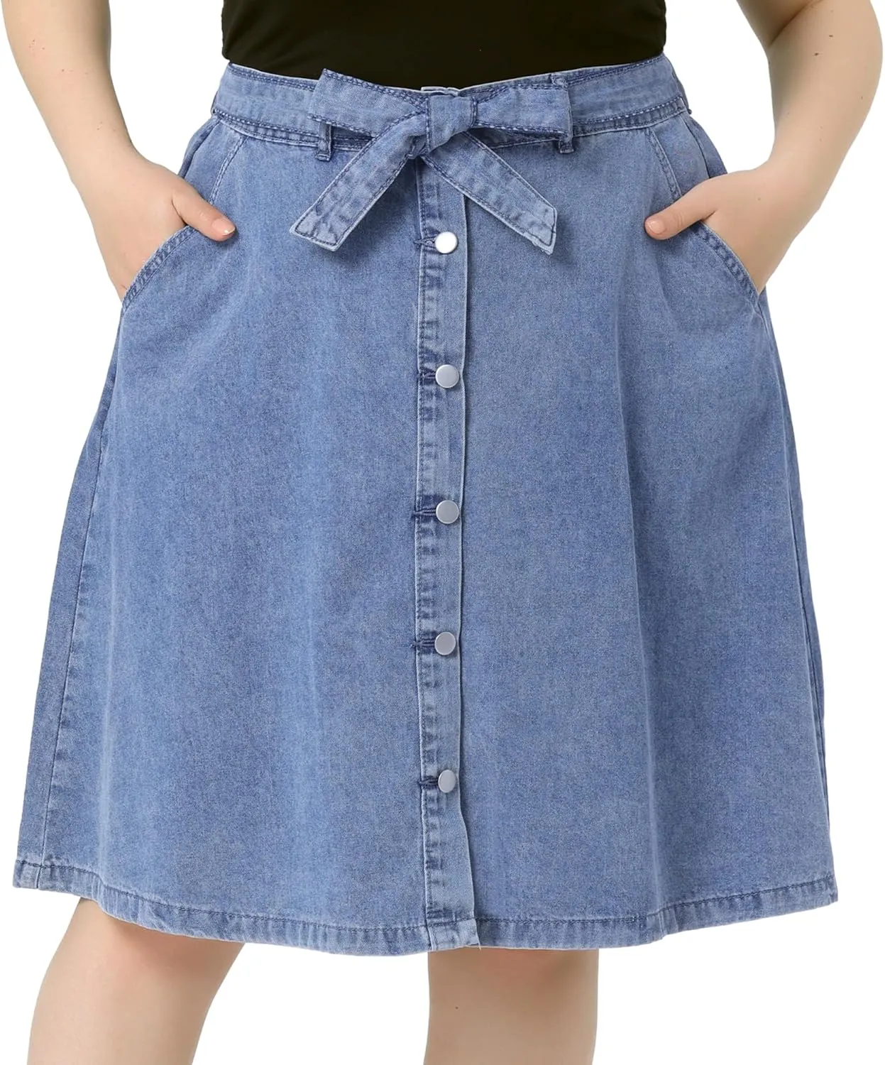 Agnes Orinda Plus Size Women's Denim Skirts Tie Waist A-Line with Pockets Midi Summer Jeans Skirts