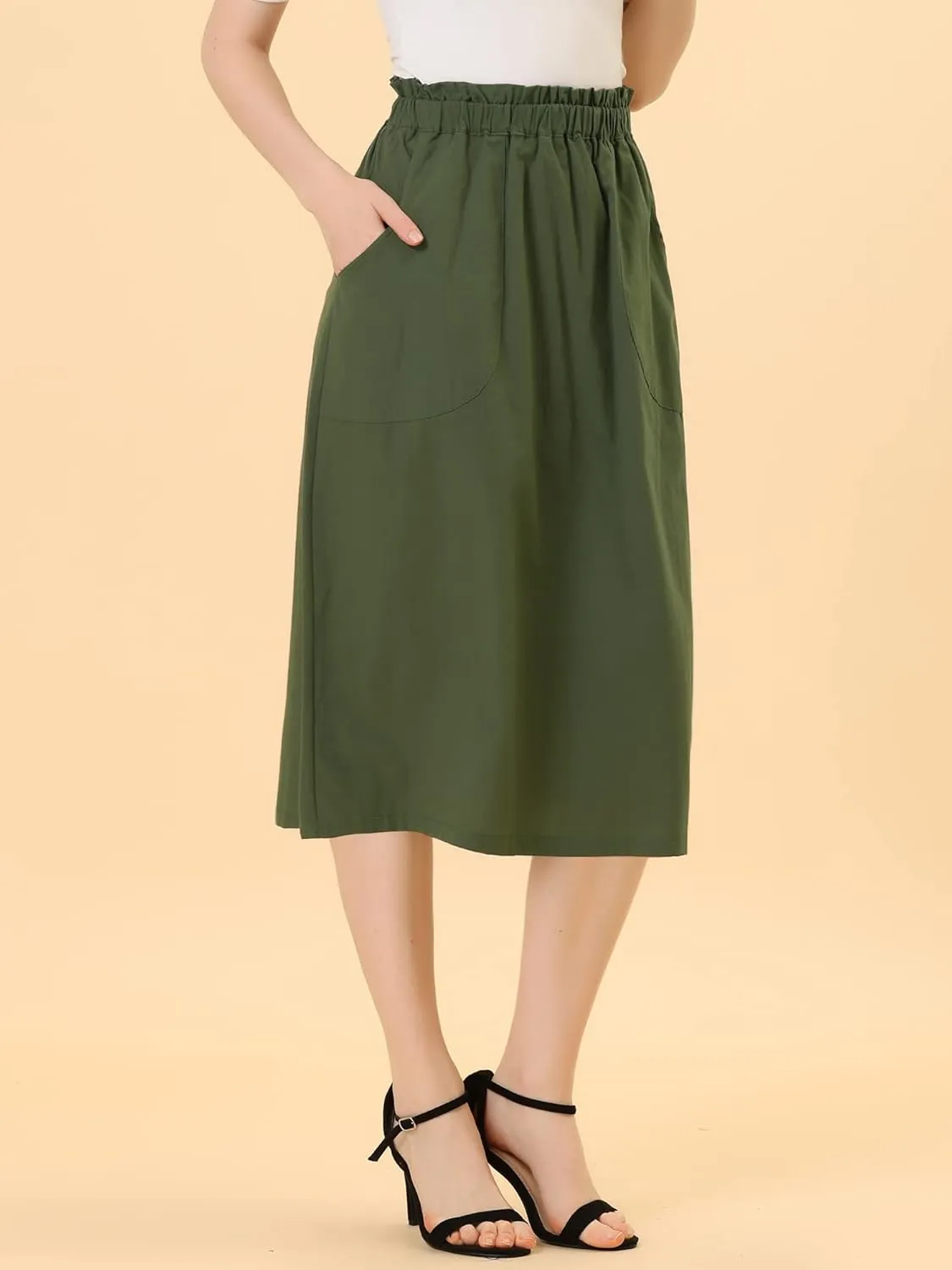 Allegra K Women's Casual Cotton Skirt Elastic Waist Scrub Peasant A-Line Midi Skirts with Pockets