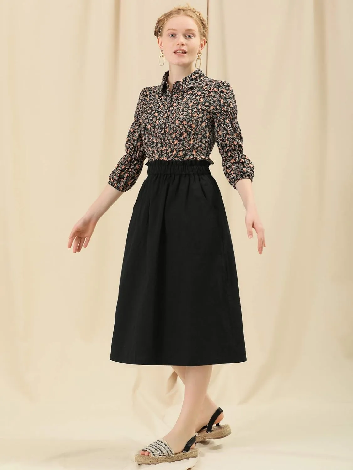 Allegra K Women's Casual Cotton Skirt Elastic Waist Scrub Peasant A-Line Midi Skirts with Pockets