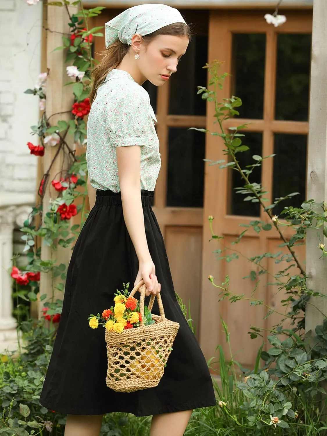 Allegra K Women's Casual Cotton Skirt Elastic Waist Scrub Peasant A-Line Midi Skirts with Pockets