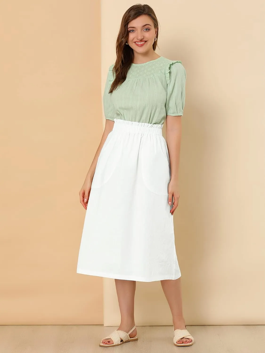 Allegra K Women's Casual Cotton Skirt Elastic Waist Scrub Peasant A-Line Midi Skirts with Pockets